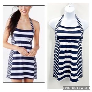 Lands End Navy Blue White Striped Halter Swim Dress 14 Nautical Preppy Swimsuit